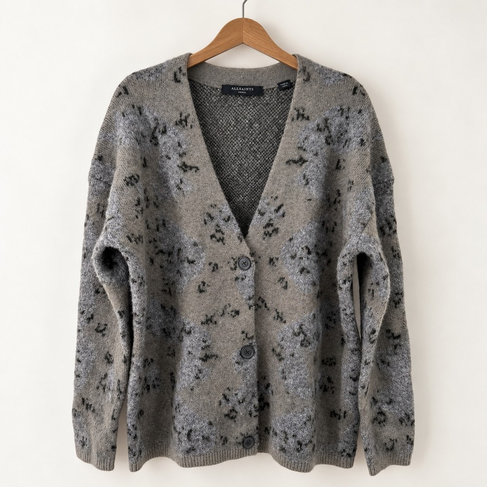 AllSaints Camo Wool Blend Cardigan Womens Small Gray Khaki Green Knit V Neck